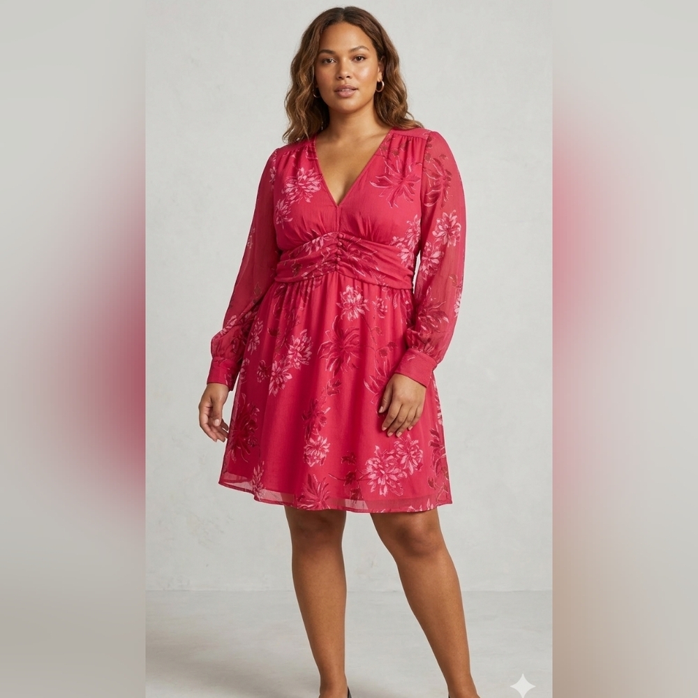 Leith Red Floral Long-Sleeve Mini Dress